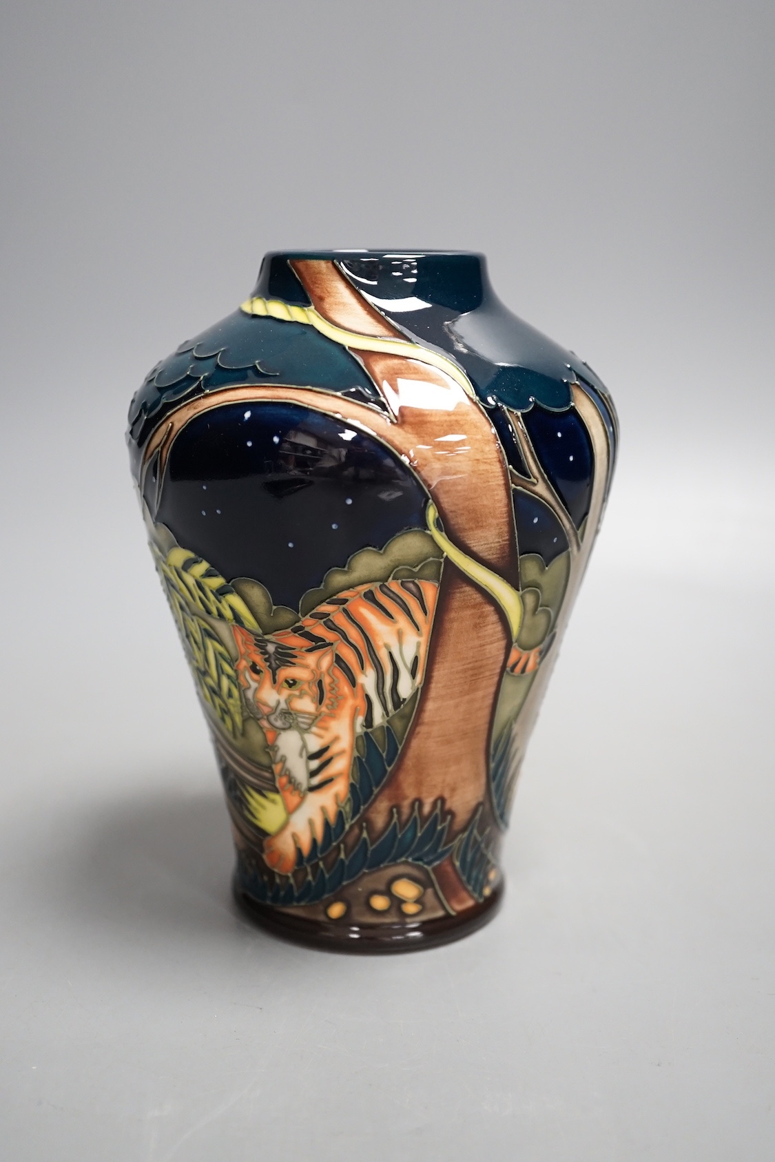 A Moorcroft 'tyger tyger' vase, MCC Three Star Exclusive, by Vicky Lovatt, 2008, boxed, 15.5 cms high.
